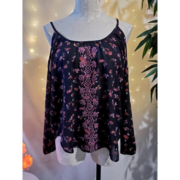 Rewind Tops - Rewind Floral Boho Embroidered Lace Cold Shoulder Peasant Top Women's Size M